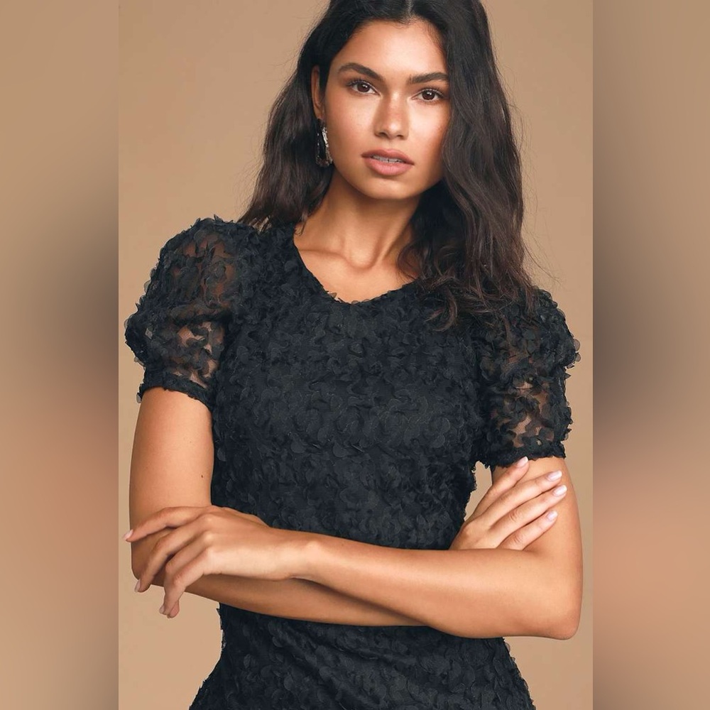LuLus Always For You Black Puff Sleeve Mini Dress black size medium (NWT) - Picture 2 of 3